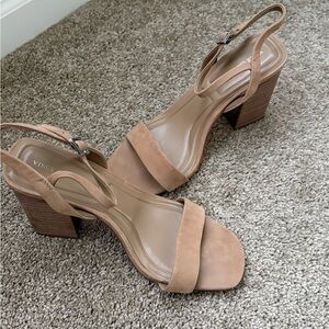 Vince Camuto Neutral Suede Block Heel Sandals (3 1/2 inch heel)